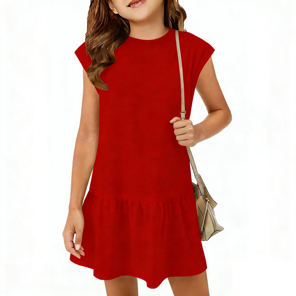 Children's Fashion Dress, Ruffle Mid-length Round Neck Casual Loose Dress