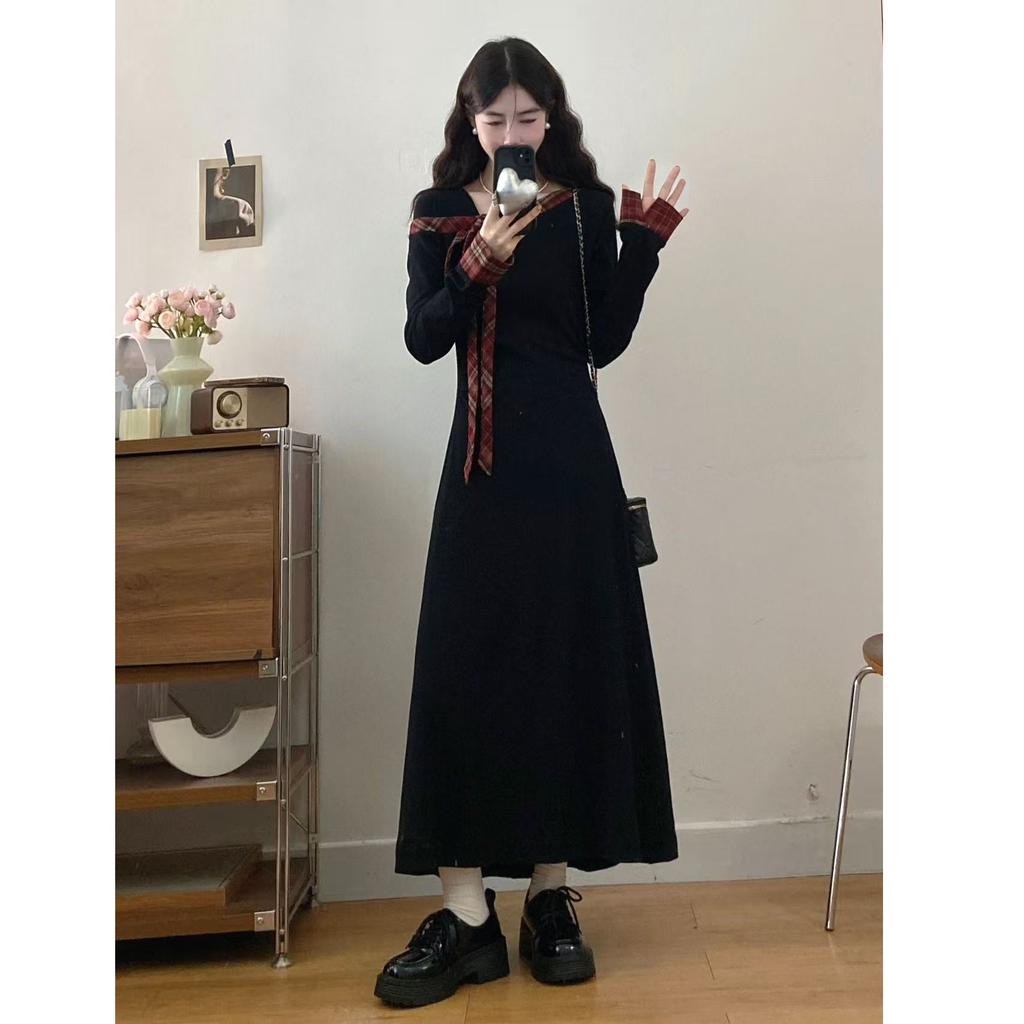 2026 Spring New French Fashion Hepburn-style Bow Dress Women's Waist-Cinching Slimming Long Sleeve Mid-Length Dress