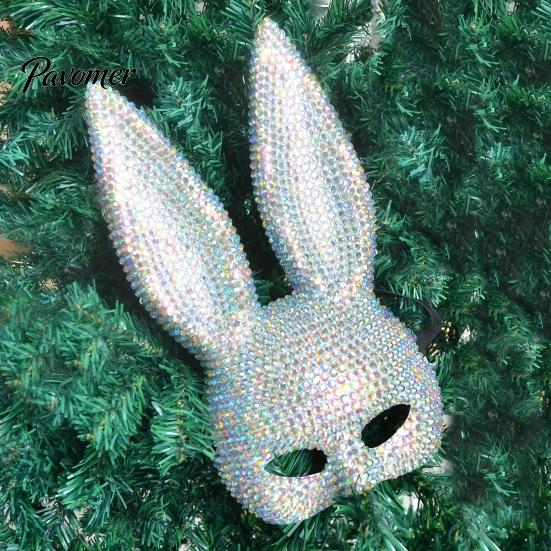 Nightclub Dance Mask Disco Mirror Rhinestone Rabbit Mask, Sparkly Glitter Bunny Face for Halloween Party, Shiny Reflective Ear Festive Cosplay