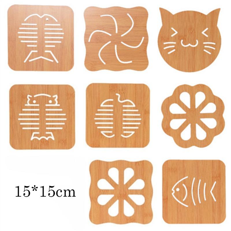 Household kitchen wooden insulation mat, square, cartoon, animal shaped dining table mat, thick, heat-resistant, hollow, non slip coaster