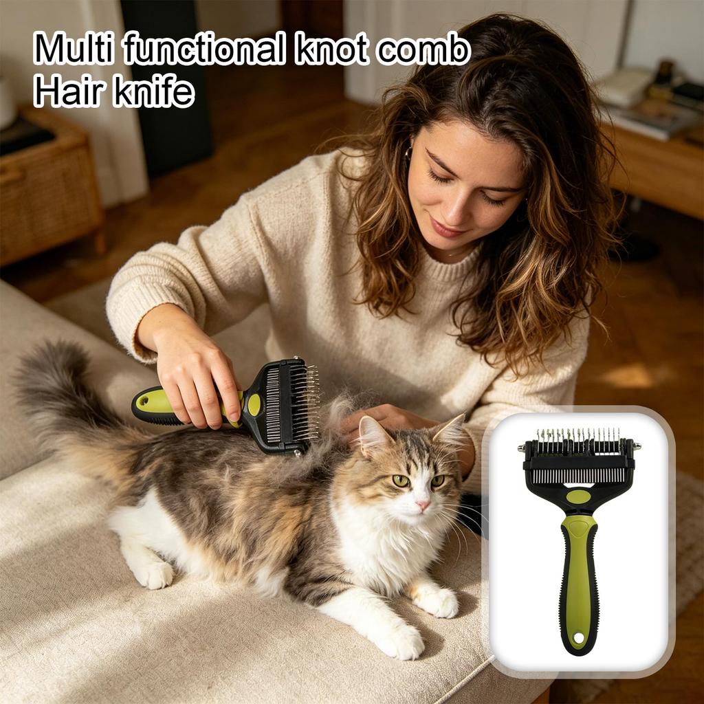 Pet Grooming Dematting Comb with Stainless Steel Blades and Ergonomic Handle for Removing Mats and Tangles from Fur and Coat