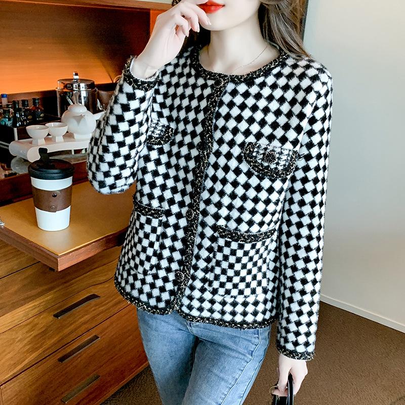Checkered Autumn Fragrance Celebrity Style Coat for Women's Short Small Versatile Luxury and Elegant Style Thousand Bird Grid Red