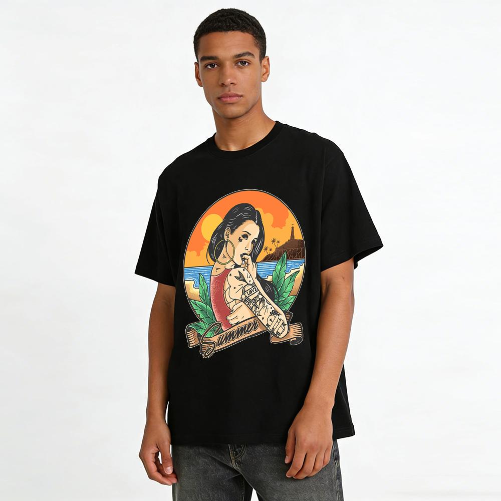 Summer Vacation Style Retro Tattoo Girl Graphic Beach Casual T-Shirt Pure Cotton T-shirt