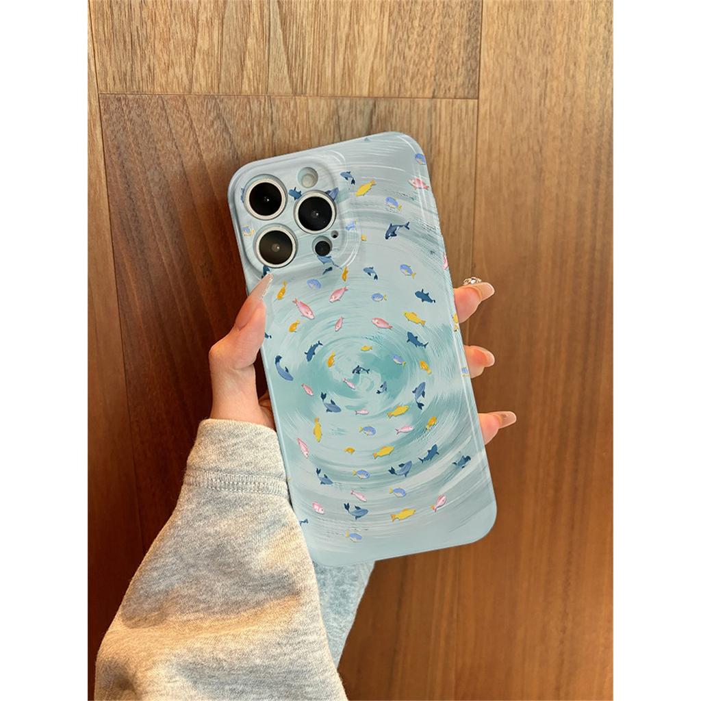 Cute Ocean Fish Phone Case, Aesthetic Blue Sea Wave Pattern Hard Protective Cover For iPhone