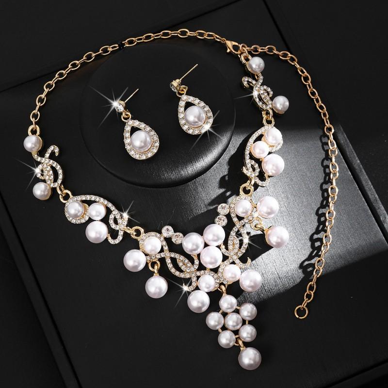 Elegant Pearl Crystal Flower Necklace Earring Set Alloy Jewelry Bride Wedding Party Chic Accessory