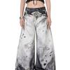 Marca de Tendencia Primavera y Otoño D Americana Estampado Digital Tinta Salpicada Jeans Cimitarra Pierna Ancha Suelta Pantalones Sucios