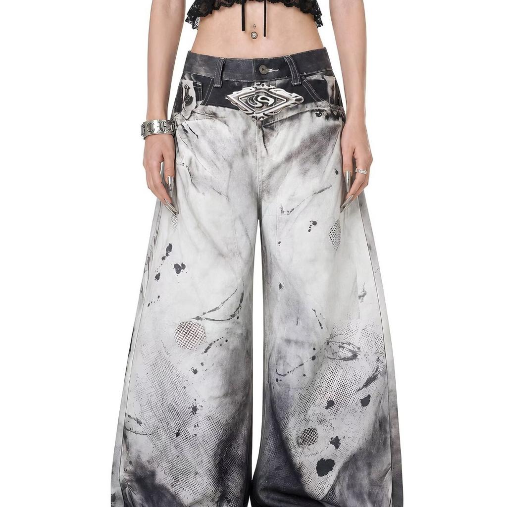 Marca de Tendencia Primavera y Otoño D Americana Estampado Digital Tinta Salpicada Jeans Cimitarra Pierna Ancha Suelta Pantalones Sucios
