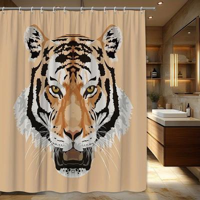 1 Stück Fierce Tigerkopf Duschvorhang - Kühnes Geometrisches Beige Design, 70,87x70,87 Zoll, 12 Haken Enthalten, Maschinenwaschbares Polyes