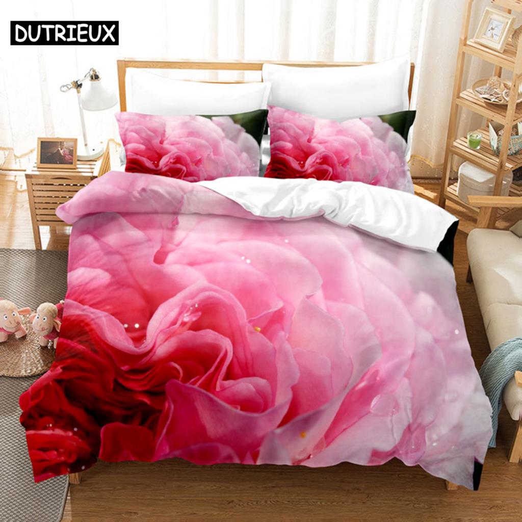 Comforter Pink Rose Bedding Set Linens Quilt Comforter 3D Pillow Case Double Full King Queen Twin Single 3Pcs 2Pcs Home Texile