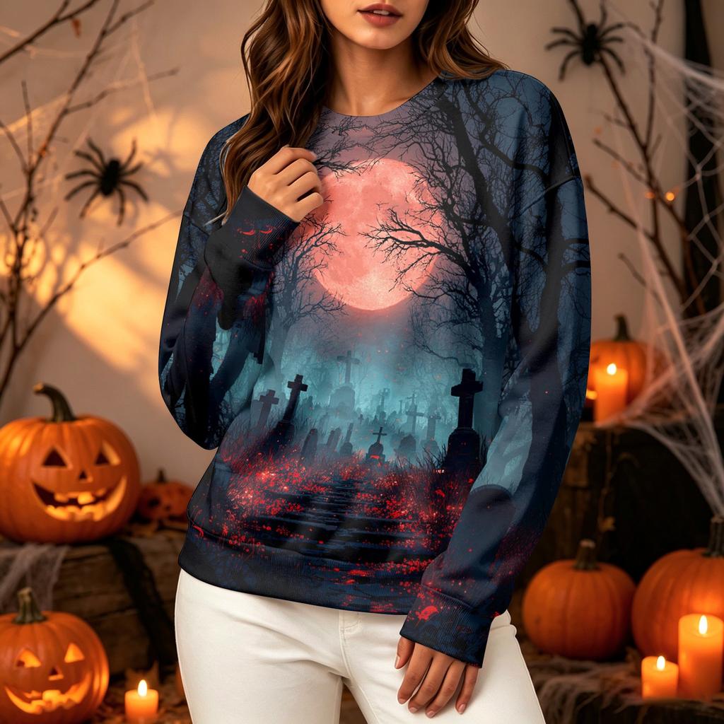 Women's Long Sleeve Halloween Print Neck Sweatshirt, Casual Relaxed Fit Pullover Top
