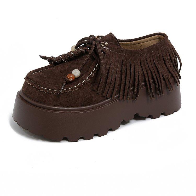 European 2025 new matte leather thick-soled heightening muffin tassel lace casual women's loafers small single shoes
