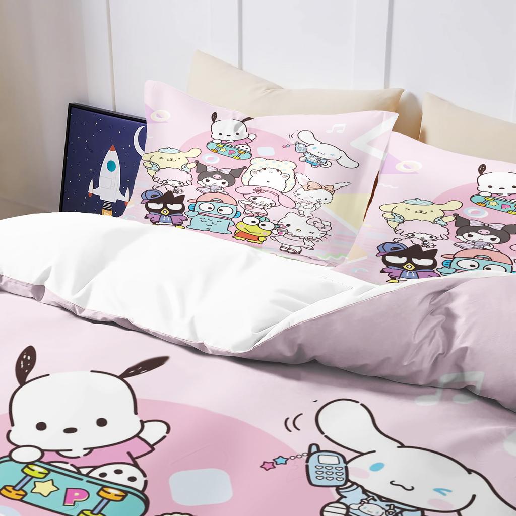 Sanrio My Melody Kuromi Pochacco Anime Bettbezug-Set Comforte Bedruckte Cartoon-Bettwäsche-Sets für Doppelbetten Weihnachtsgeschenke 3-teilig