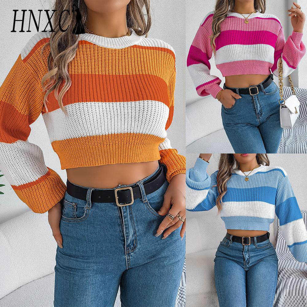 HNXC Autumn and Winter Casual Multi-color Lantern Sleeve Pullover Crop Top Women's Sweater