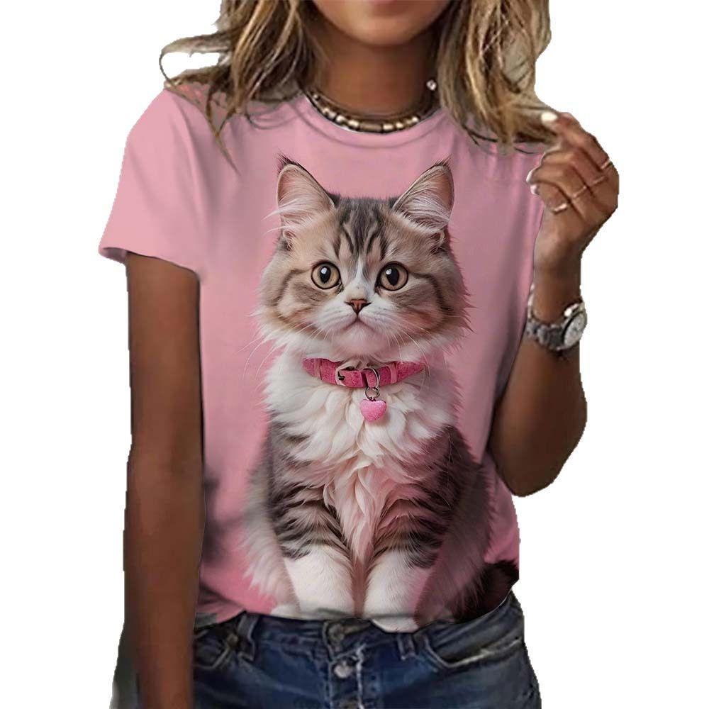 Women's Round Neck Short Sleeved T-shirt with Digital Printing, Cat Casual Short Sleeved T-shirt
