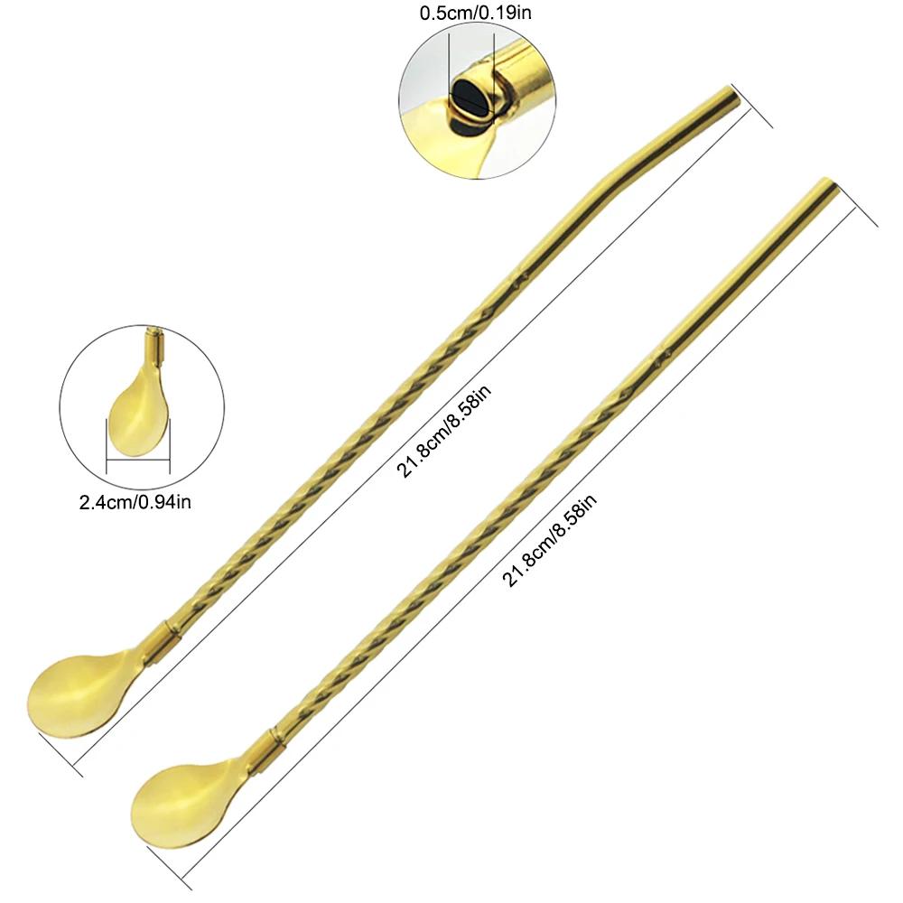 10Pcs/Set Straw Spoon Portable Black Tea Scoop Reusable Colored Stainless Steel Straws Colorful Dinnerware Set For Bar Party