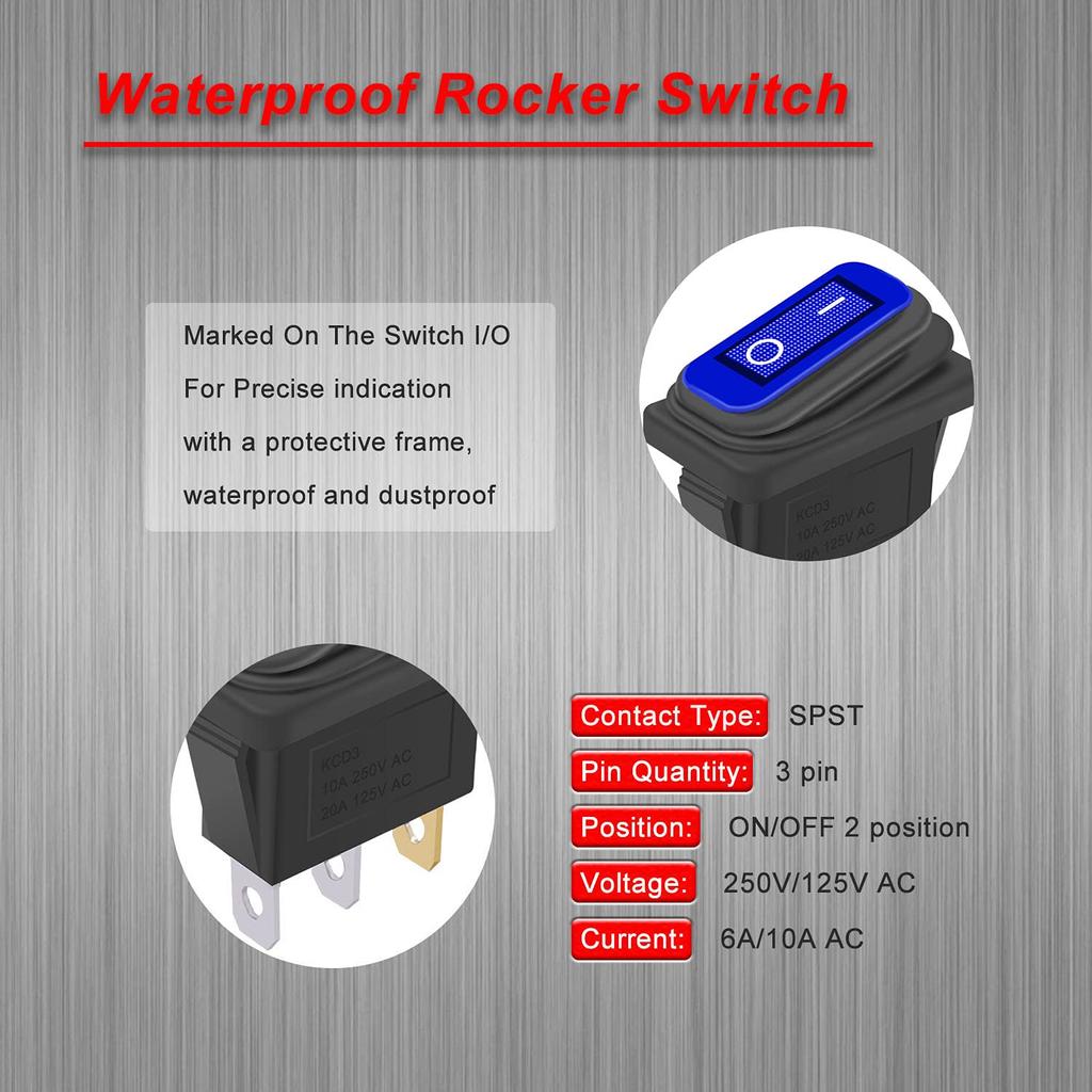 4Pcs Waterproof Rocker Switch on/Off 12V LED 3Pin 2Position SPST AC 6A 250V 10A 125V KCD3 Switch Boat Switch (4 Colores)