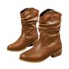 Medium Tube Fashion Boots Women's Large Size Thick Heel Pleated Feet Western Knight Boots Foreign Trade Leather Boots