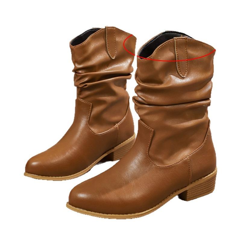 Medium Tube Fashion Boots Women's Large Size Thick Heel Pleated Feet Western Knight Boots Foreign Trade Leather Boots