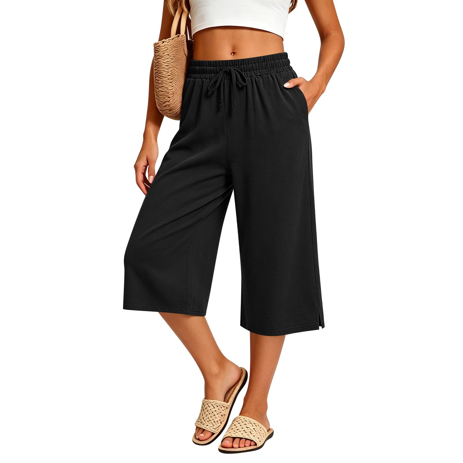 

Womens pants wide leg cropped pants for women with elastic waistband drawstring casual loose fit Womens pants pants for women XL чёрный