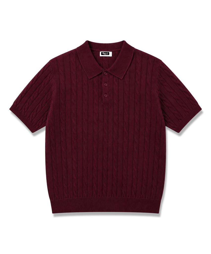 ORIGINALDAY Cotton Cable Short Sleeve Collared Knit Burgundy