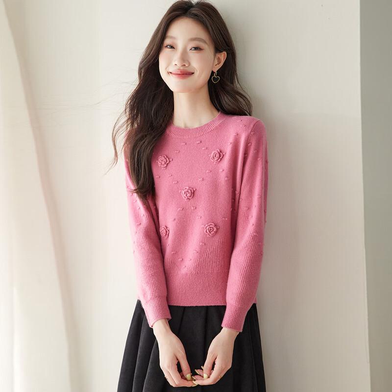 Srcr Women's 100% Wool Cropped 3D Floral Jacquard Sweater