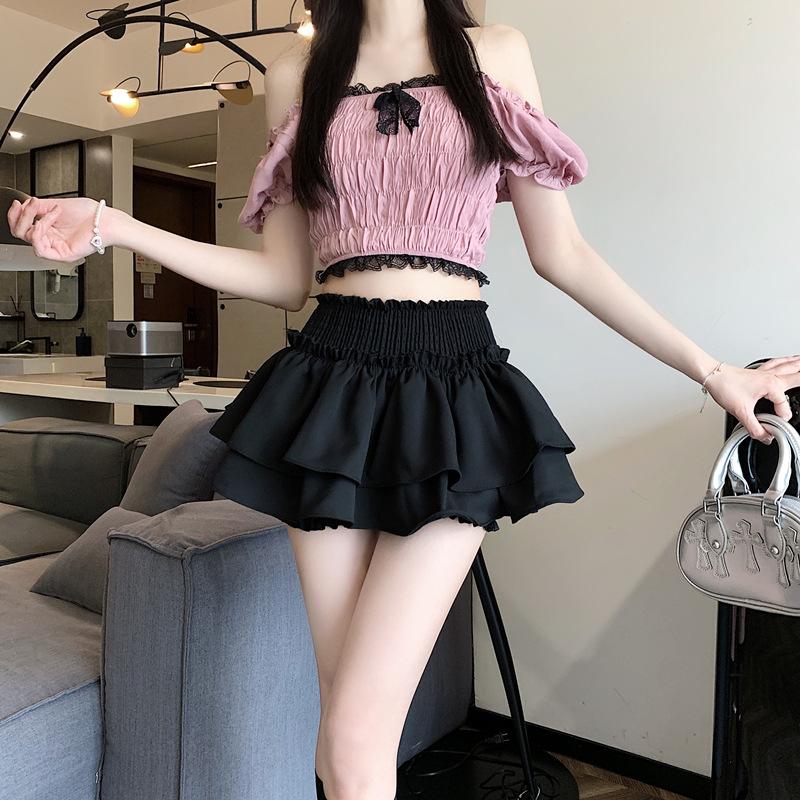 Ladies Summer Ballet Style Ruffled Tiered Cake Skort, High Waist Frilly Bubble Skirt, Cute Hot Girl Flowy Short Skirt for Daily Street Fashion Wear
