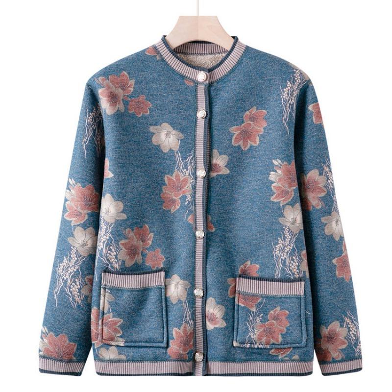 Grandma autumn casual cardigan fleece thickened middle-aged elderly autumn and winter clothing female mother clothing new knitted sweater jacket