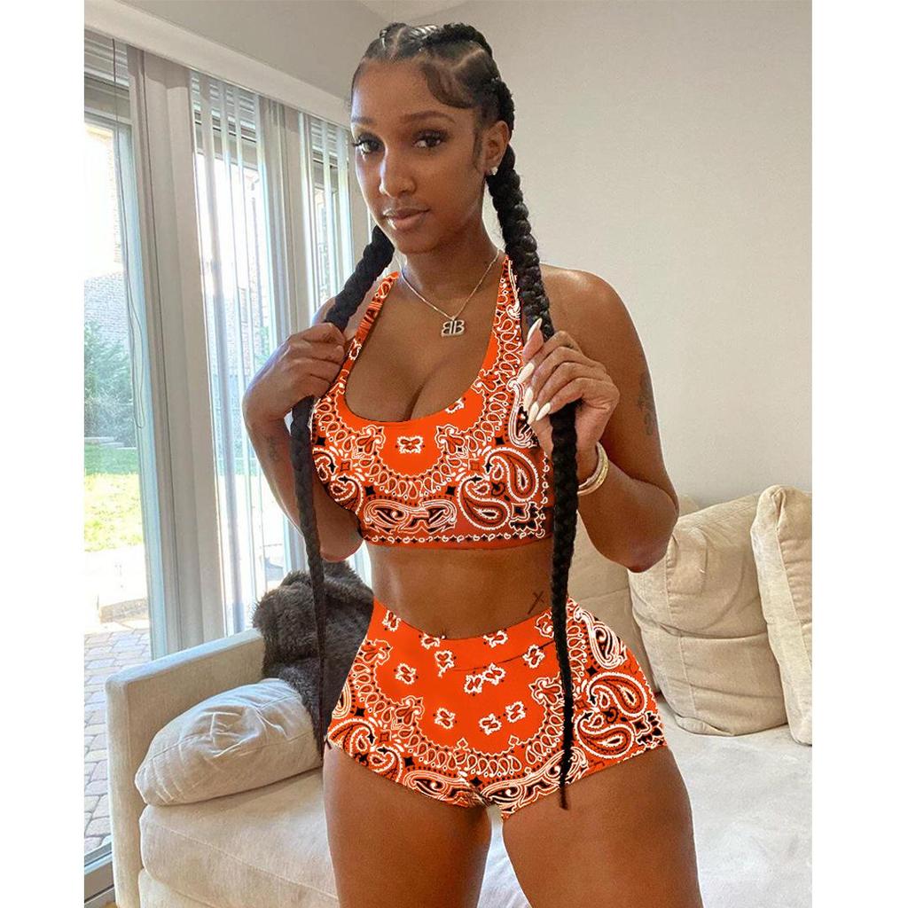 Women's European & American Contrast Color Sports Vest and Printed Pants Set