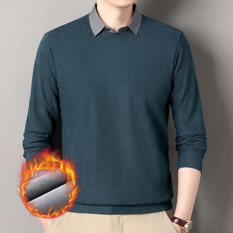 Men's Winter 2025 Faux Two-Piece Fleece-Lined Sweatshirt, Solid Color, Turn-Down Collar, Thick and Warm Long-Sleeve.