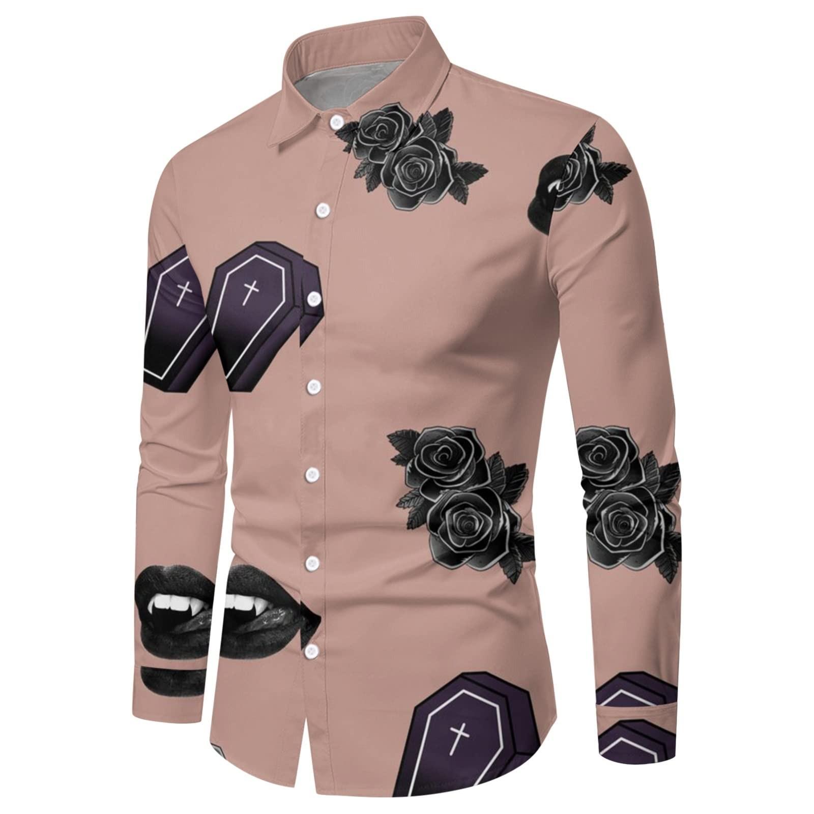 

Мужская рубашка на Хэллоуин с тыквой, приталенная рубашка на пуговицах с длинным рукавом, забавная гавайская пляжная рубашка, тематическая одежда для вечеринок M розовый