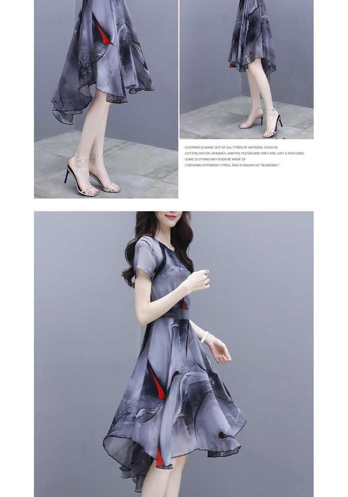 2026 Summer Women's Short Sleeve Chiffon Swallowtail Dress with Korean Print