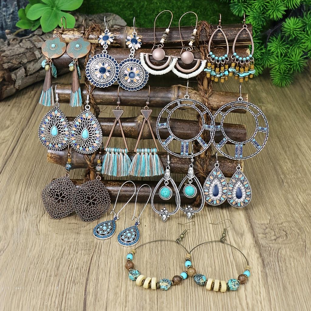 Boho Women Earrings Set Multi Pieces Set Vintage Style Geometric Shape Beads Flowing Tassel Design Party Decor