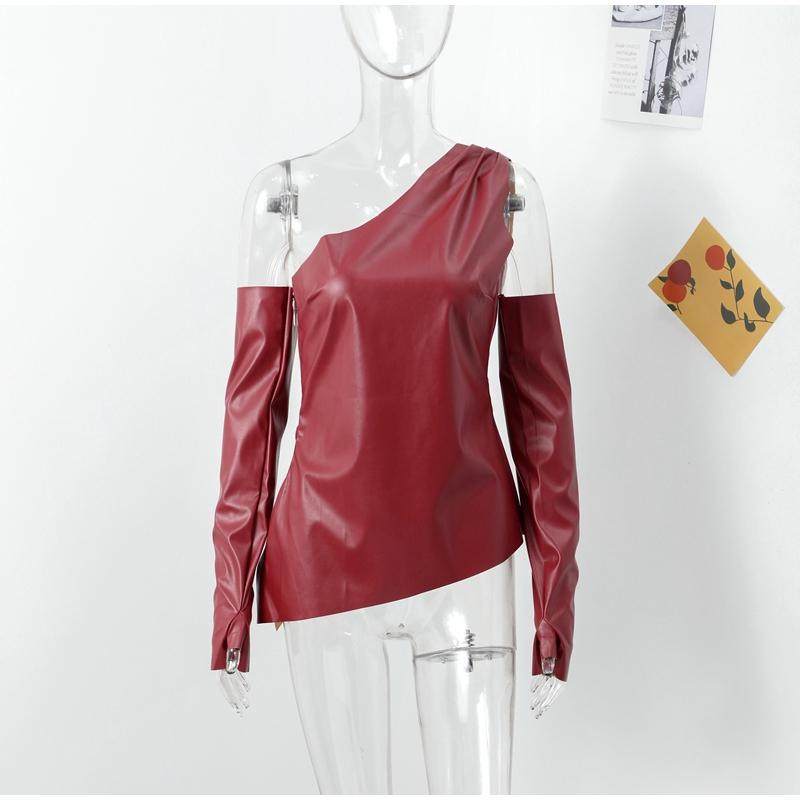 Kvinner Sexy PU kunstskinnvest med hansker Mote en-skulder ermeløs uregelmessig vest vest Slim High Street Topper
