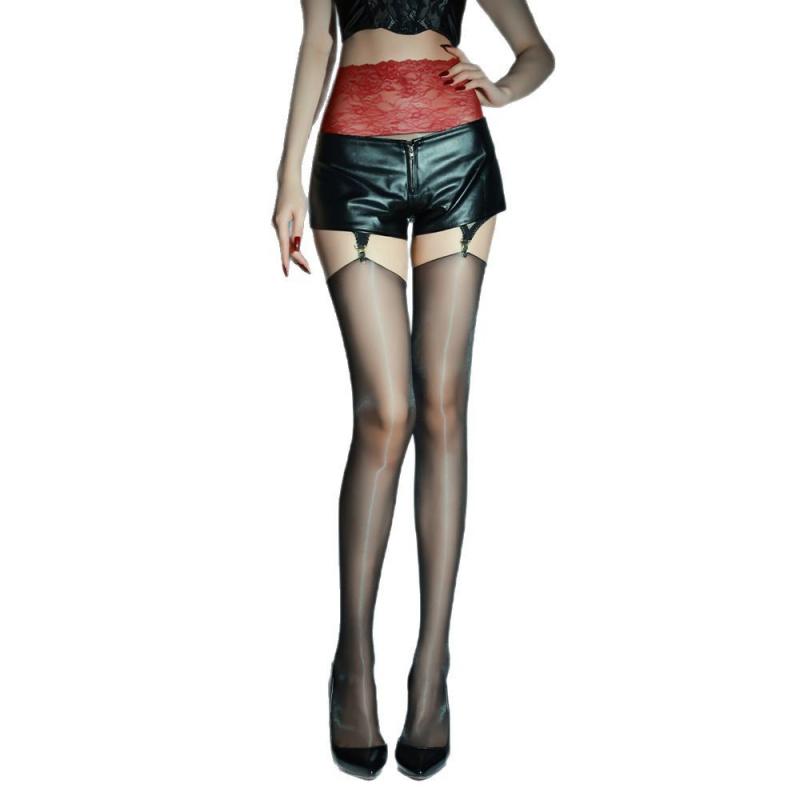 Sexy Spitzen-Taillengürtel Strümpfe Aurora Bodycon Rock Lange Schlauchstrümpfe Ultradünn Transparent Verführung Glänzende Schwarze Seide