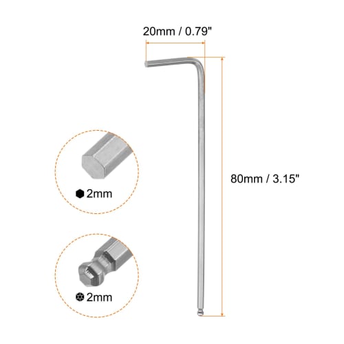 uxcell 2mm Ball Hex Wrench, L-Shaped Hex Key Wrench Set, Long, Precision 4-Piece Set, Easy to Apply Force, For Tightening, DIY Tools, Total Length 80m