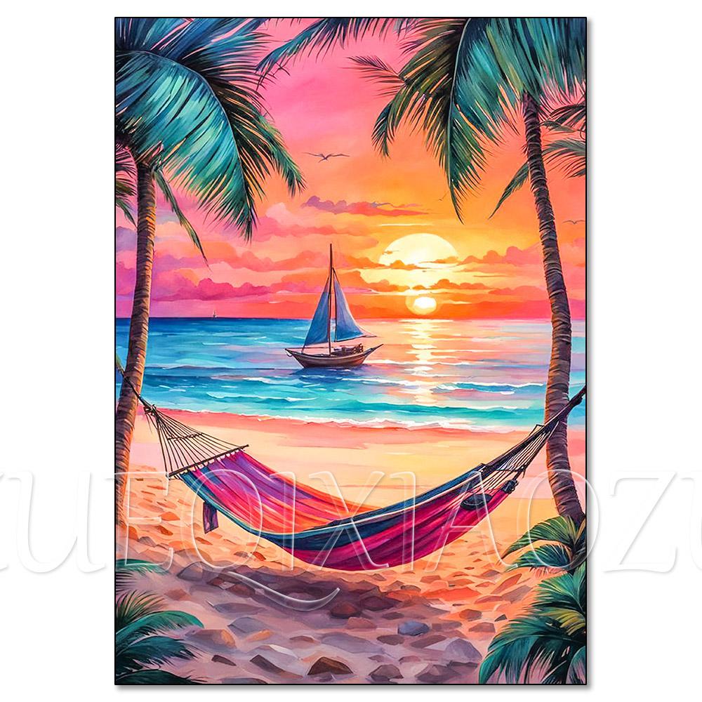 Cactus Sailboat Sunset 5D DIY Diamond Painting Kit Landscape Full Diamond Mosaic Cross Stitch Kit Room Decoration Gift