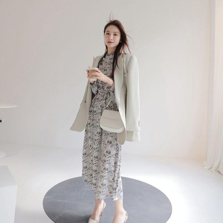 Fashionable Ink Painting Bubble Sleeve Maxi Dress for Women Spring