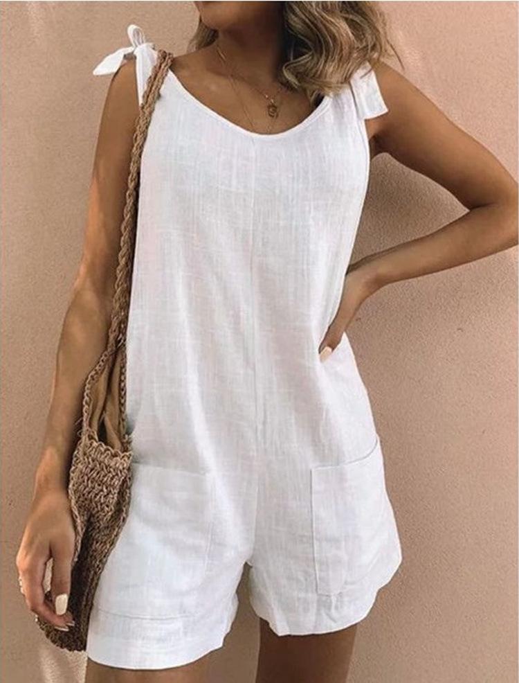 Einfarbiger Damen-Jumpsuit aus Baumwolle und Leinen mit aufgesetzten Taschen, locker geschnitten - Sommer 2026 Medium weiß