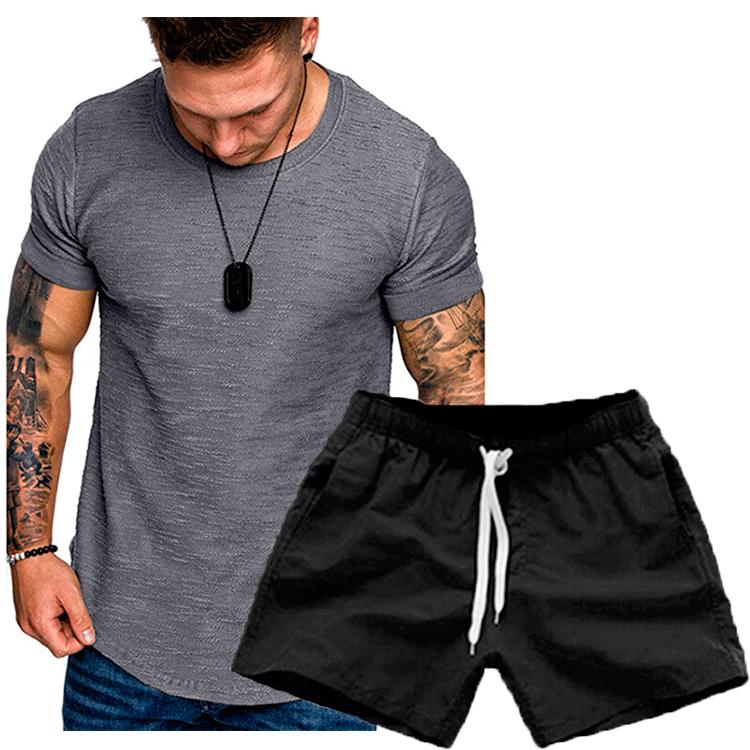 

Men s Summer Solid Color Casual Round Neck Short Sleeve T-shirt Set XXL темно-серого
