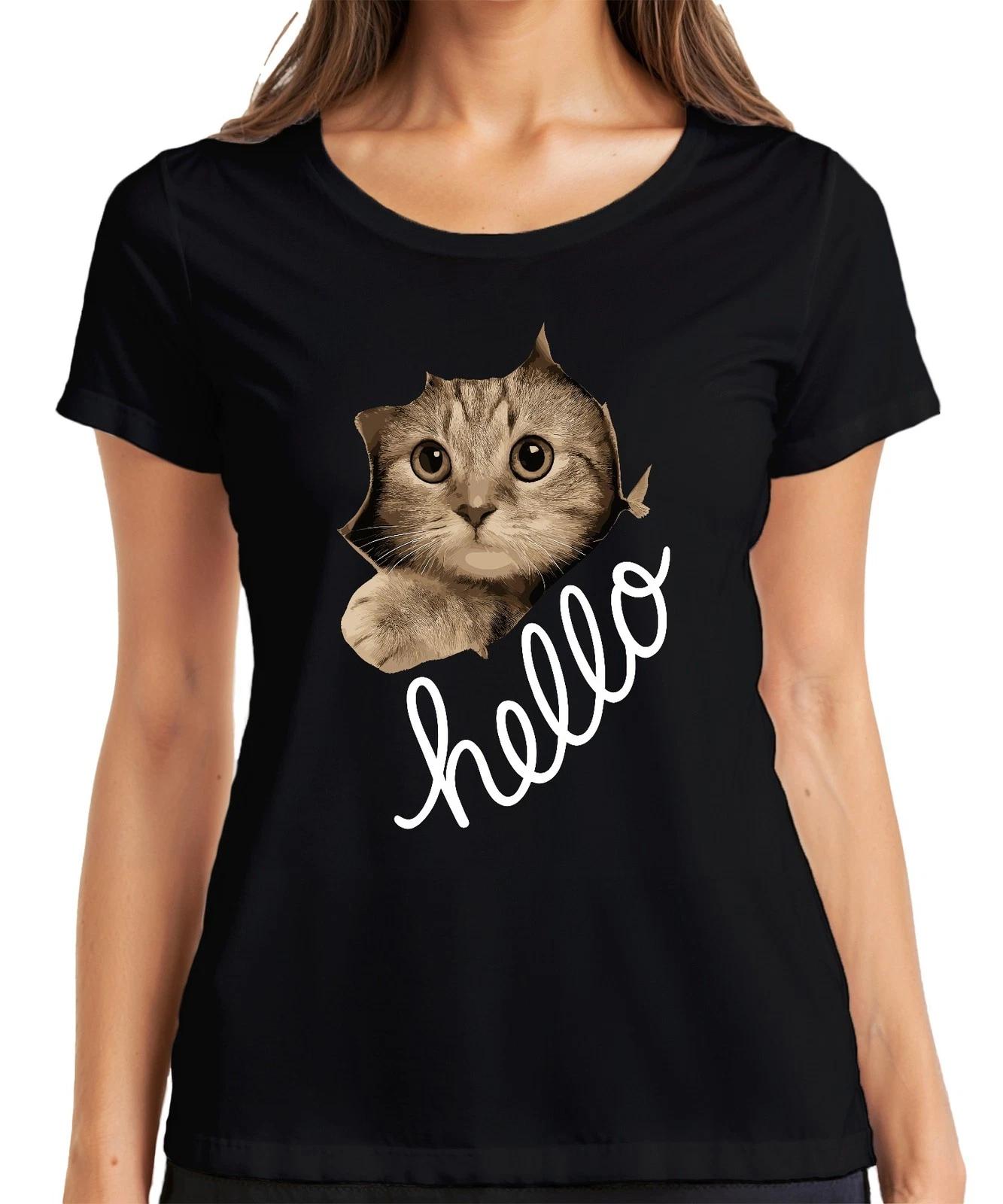Katzengesicht Kätzchen hello schaut durch Papier niedlich Fan Damen T-Shirt XXL