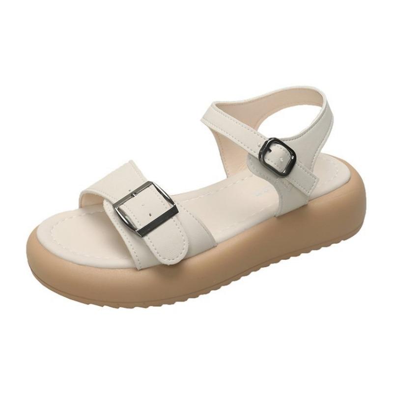 Round head open-toed thick-soled one-character sandals summer fashion light-mouth buckle beach shoes student simple women's shoes
