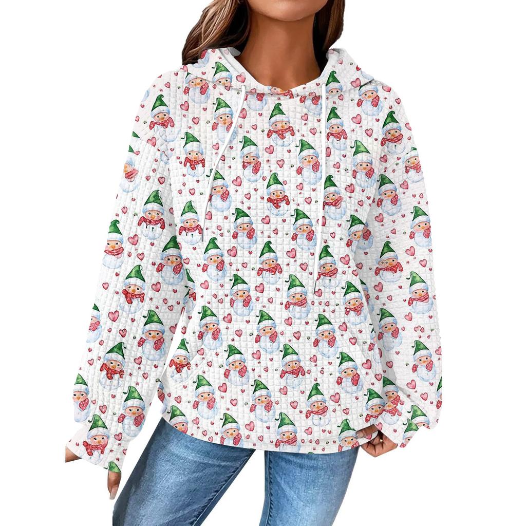 Women's Fashion Loose Hooded Pullover Long Sleeve Plaid Sweatshirt With Drawstring, Drop Shoulder, Pocket, Christmas Print Top