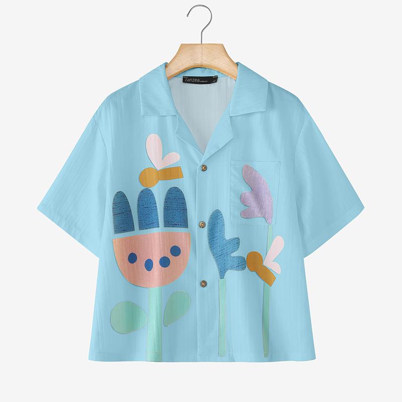 ZANZEA Women Casual Turn Down Collar Short Sleeve Loose Print Blouse