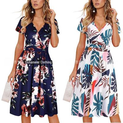 2024 Damen Sommer Wickelkleid mit V-Ausschnitt, Taschen und Amazon-Print