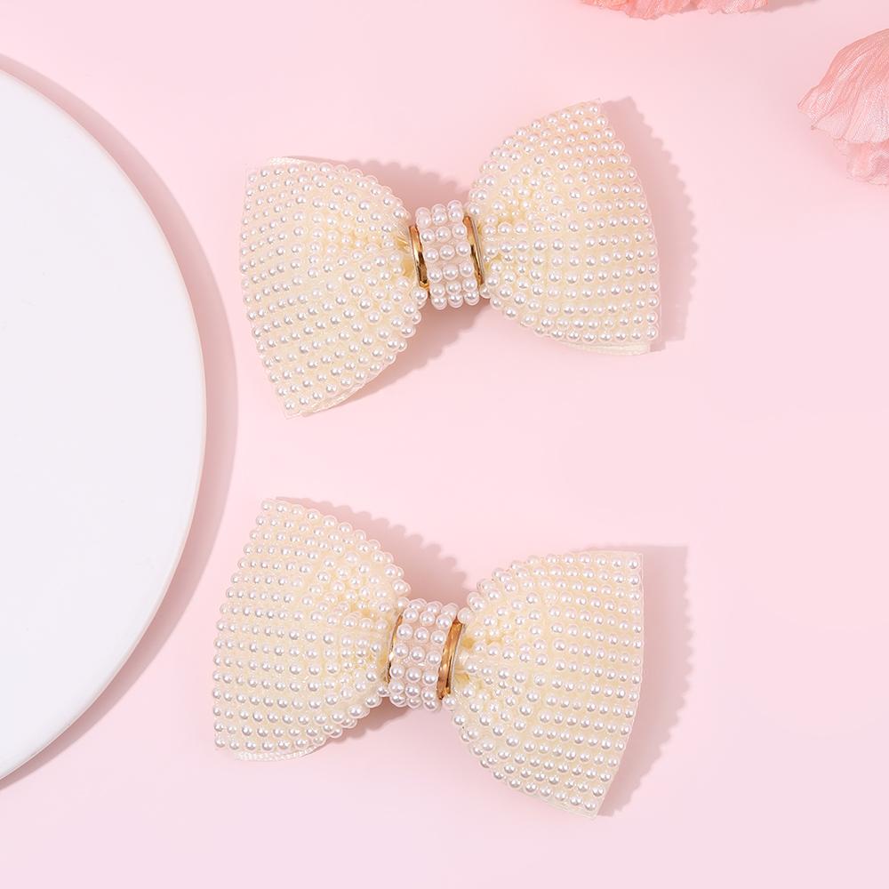 2Pcs Elegant Beige Pearls Bow Hair Clips Sweet Gold Ring Pearl Hairpins Fully Pearl-Covered Barrette For Girls Women Accessories
