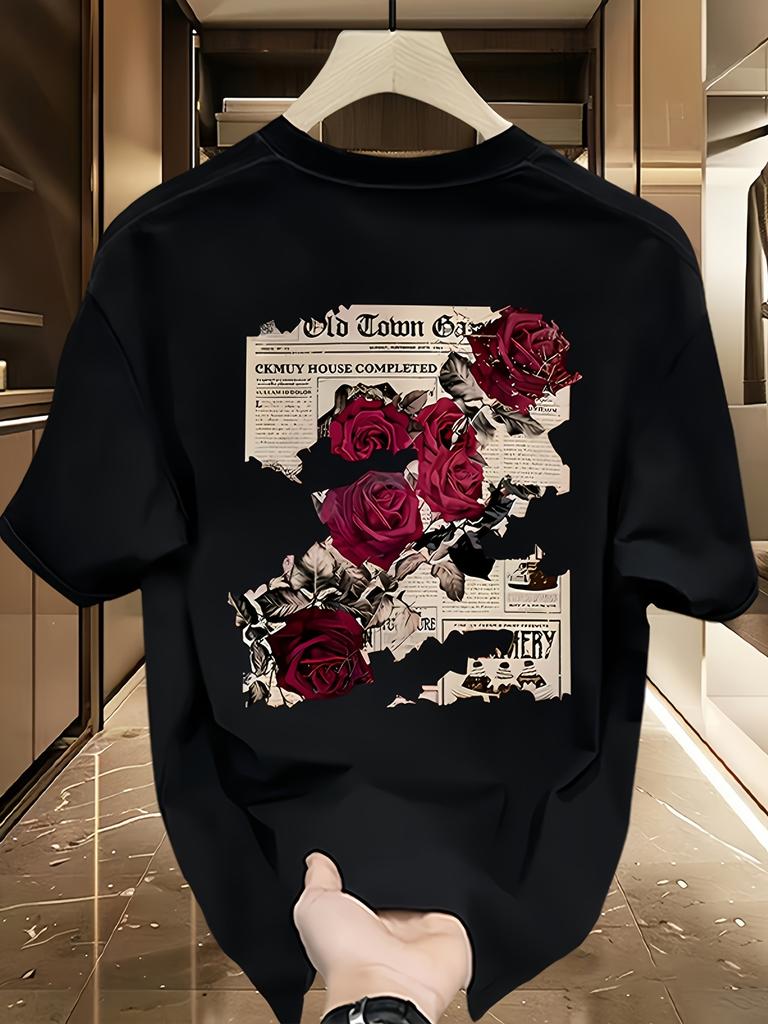 Street Adult Creative Lettered Rose Print Tshirt For Men 100 Cotton Summer Loosefitting Shortsleeved Casual Shirt