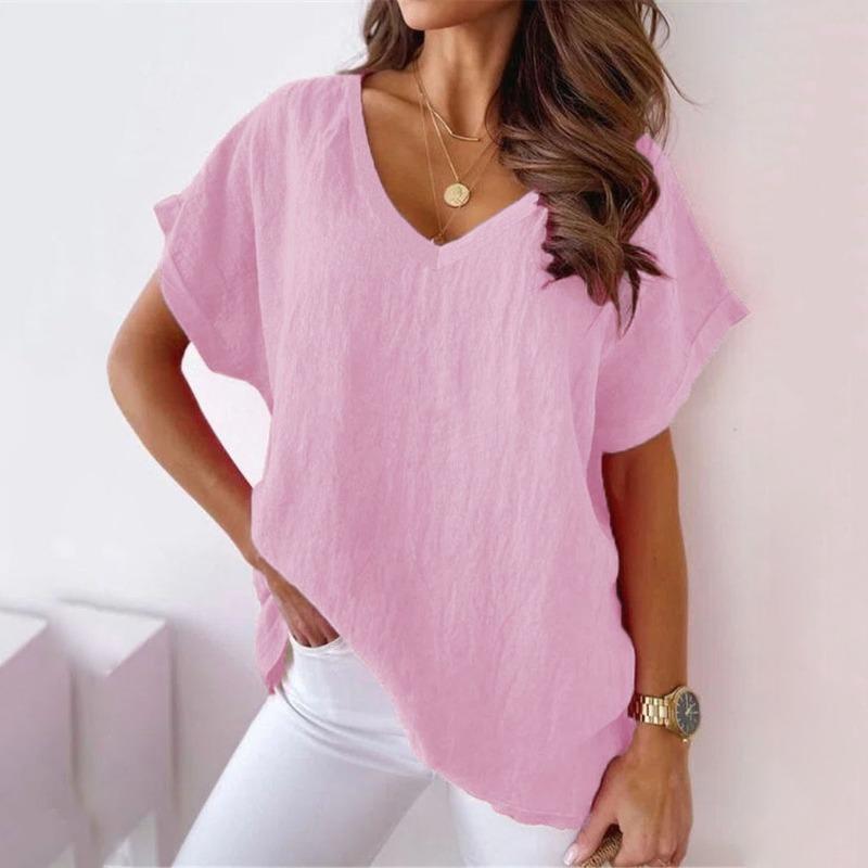 Summer New Short Sleeved V-neck Women T-shirt Solid Color Fashion Elegant Casual Office Blouse Plus Size Basic Loose Simple Tops Women's Clothing