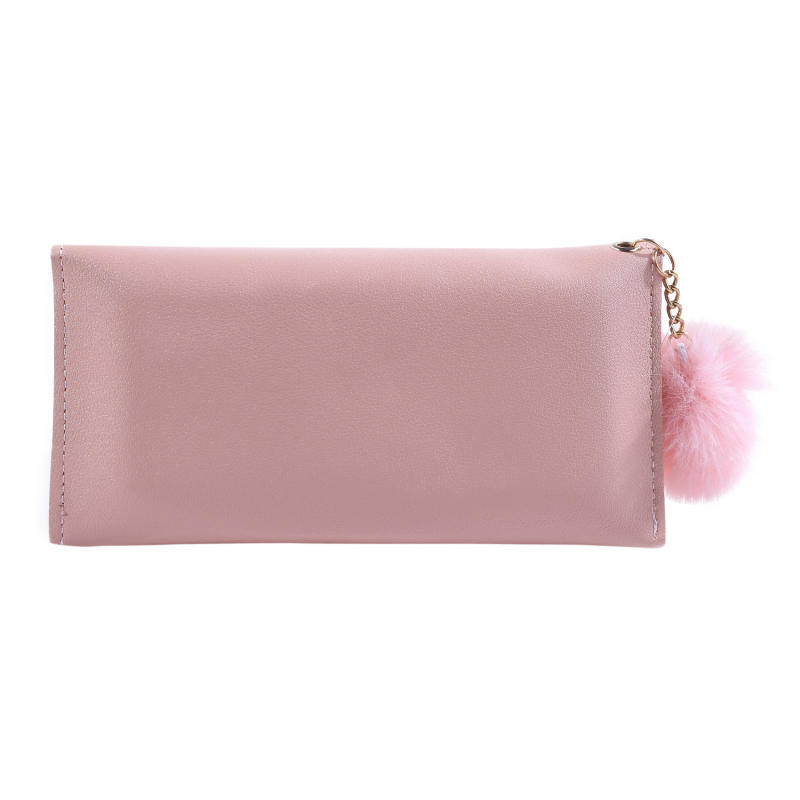 Womens Wallet Cute Elegant Long Slim Card Holder Case Minimalist Coin Purse Zipper Wallet With Fur Ball Bow Decor