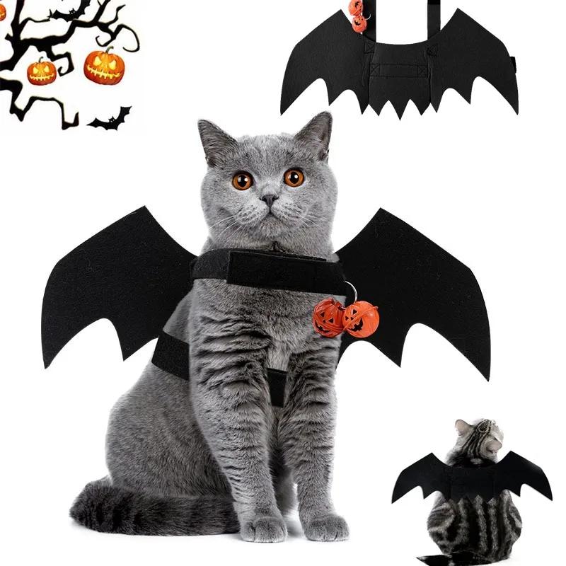 Pet Dog Cat Black Bat Wings Harness with Pumpkin Bells Halloween Costume Cosplay Cat Dog Clothes Cute Pet Supplies