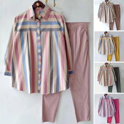 2 Pcs/Set Women Shirt Pants Set Striped Contrast Color Lapel Long Sleeve Single-breasted Blouse Wide Leg Loose Elastic Waist Trousers Set Lady Casual